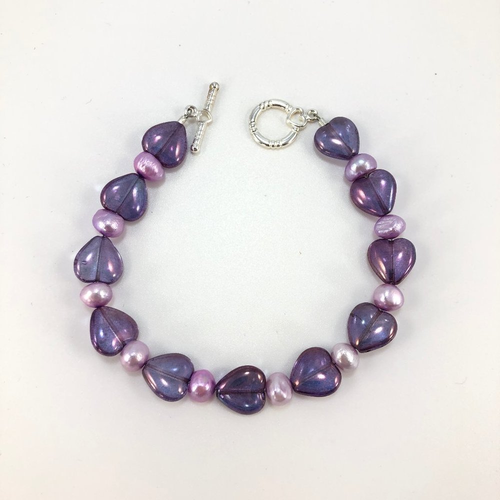 HOST PICK! New Czech Purple Hearts & Pearl Bracelet, Handmade, Heart Clasp